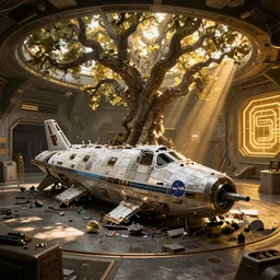 a damaged broken space ship with nasa designs in the interior of an old abandoned sci - fi hangar an old oak tree grows inside the courtyard golden rays of sunlight enter through the window gold neon lights digital art trending artstation
