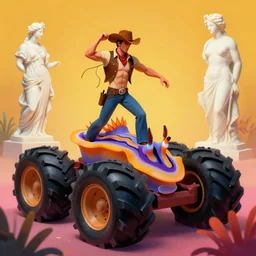 a cowboy turning into blooms by slim aarons, by zhang kechun, by lynda benglis. tropical sea slugs, angular sharp tractor tires. bold complementary colors. warm soft volumetric light. national geographic. 8 k, rendered in octane, smooth gradients. a manly cowboy by edward hopper and frank frazetta. sculpture by antonio canova.