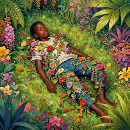 african boy lying down in a colourful garden - wrapped in flower vines, art by james jean & hsiao - ron cheng, colourful, sharp, detailed, digital painting, illustration, intricate detail, pinterest, behance, art station,