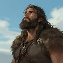 depressed barbarian guy looking at the sky to get some peace, burly, messy hair, tears, unkempt beard, high fantasy, detailed, sharp focus, smooth, digital illustration, by rossdraws, franzzeta, artgerm