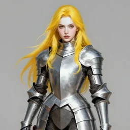 pinup picture of a female knight, skintight silver armor, long yellow hair, brown eyes, white skin, fantasy, highly detailed, realistic, illustration, artgerm, joshua middleton, greg rutkowski
