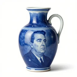 blue and white clean star nebulae illustration with alfred hitchcock gazing into the far distance, etched unto a porcelain jug