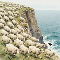 hundreds of white sheep running fast in the direction of a cliff and we can see them falling down the rocks below to the sea, there is one black sheep going against the crowd, old colored sketching, lateral wide shot
