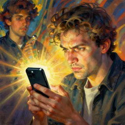 a man looks angrily at his cell phone as it constantly rings, art by artgerm and greg rutkowski and alphonse mucha