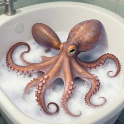 A photo of octopus in a foamy bathtub, detailed, digital art