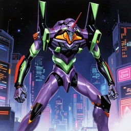 massive Evangelion style battlemech in a cyberpunk city, cyberspace, or deep space. Heavy metal music, 80s and 90s fashion, detailing, and neon lights. illustration by Geof Darrow, Moebius, and Simon Bisley