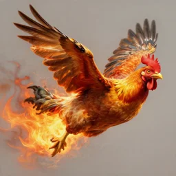 concept art of flying chicken on fire, highly detailed painting by dustin nguyen, akihiko yoshida, greg tocchini, greg rutkowski, cliff chiang, 4 k resolution, trending on artstation, 8 k
