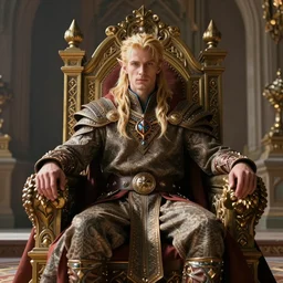 the elder scrolls vi, charismatic regal blonde high elf male jarl, portrait, exquisitely designed throne room, atmospheric lighting, painted, intricate, volumetric lighting, beautiful, daytime, sunny weather, sharp focus, deep colours, ultra detailed, by leesha hannigan, ross tran, thierry doizon, kai carpenter, ignacio fernandez rios