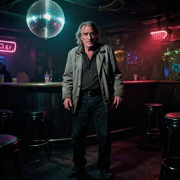 the full - body shot of drunk old wrinkled unkempt drunkard ( ( joaquin phoenix ) ) with sideburns worn in grey jacket in dark fallout disco bar, cinematography of christopher doyle, neon gloomy light, discoball, anamorphic, optical flares, kodak film, sharp focus, realistic, 8 k