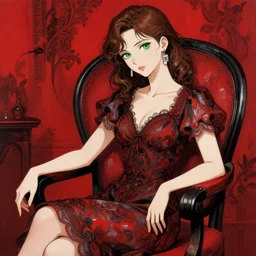 gorgeous woman with brown hair and green eyes, wearing an elegant dress, shorts earring, sitting in a chair, painted with red and black color palette, in the style of and ilya kuvshinov and greg rutkowski, high quality anime artstyle, intricate
