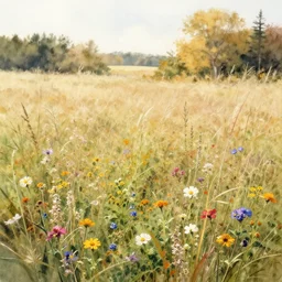 Wildflowers, grassy field, autumn rhythm, watercolor