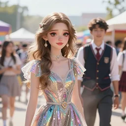 a beautiful fashion big eye girl wear flashy dress and a handsome boy wear school uniform in festival | | sunny, dreamlike art, mist, realistic shaded, smile, good looking, fine details, 4 k realistic, cryengine, realistic shaded lighting poster by greg rutkowski, magali villeneuve, artgerm, jeremy lipkin and michael garmash and rob rey