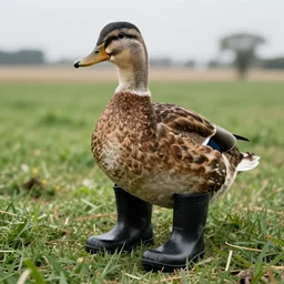 a duck wearing black rubber boots in the french countryside, realistic, detailed, 8 k