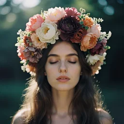 An analog head and shoulder frontal face photography of woman wearing a big!!!!! oversize!! floral headpiece crown by Oleg Oprisco. Vogue. Long hair. closed eyes. Kodak Portra 800 film. Depth of field. whirl bokeh. Sunshine. detailed. hq. realistic. warm light. muted colors. Moody. Filmic. Dreamy. lens flare. Leica M9, f/1.2, symmetrical balance, in-frame
