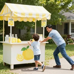 a man pushing over a kid's lemonade stand