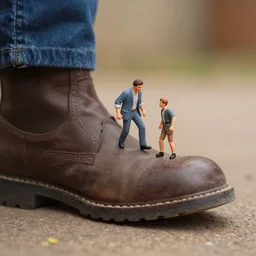 very small mormon man about stepped on by a boot, macro photography, 1 0 5 mm f 2. 4