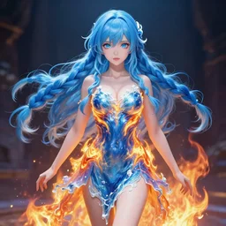 advanced digital anime art, a very cute beautiful and gorgeous woman wearing a dress made of fire and water , full body, very long wavy azure blue hair, braided hair, white highlights in hair, azure blue watery eyes, full round face, cinematic lighting, mid-shot, highly intricately detailed, trending on pixiv, Artstation, DeviantArt, NicoVideo, Steven Artgerm Lau, WLOP, RossDraws, RuanJia, James Jean, Andrei Riabovitchev, Totorrl, Marc Simonetti, Visual Key, and Sakimichan