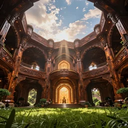 a magical futuristic elven interior, expansive grand scale, with ornate detail carved in blackbutt timber, dramatic lighting, cinematic view, epic sky, detailed, concept art, low angle, high detail, warm lighting, volumetric, godrays, vivid, beautiful, trending on artstation, by jordan grimmer, huge scene, grass, art greg rutkowski