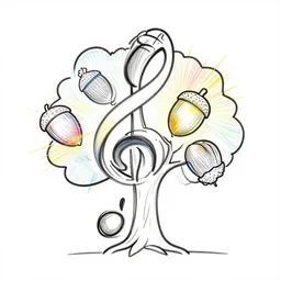 single line drawing, acorn turns into a tree in shape of treble clef, two half drawing one with bursts of color, trending on art station, continuous line drawing, ONE LINE