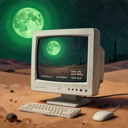 1990's computer monitor isolated in the green moonlit desert, surrealism, by Tyler Edlin and Jean Delville, by John Berkey and Filip Hodas, sci-fi concept art, Beeple, highly detailed, soft lighting, rendered in octane, by Roger Dean, by Dean Ellis, catholicpunk, german romanticism style, oil on canvas, cinematic lighting, vibrant, concept art, gothic, contrasting, nightscape