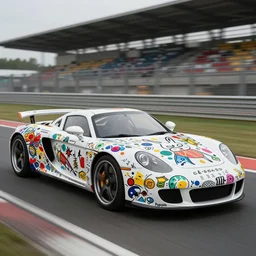 a kandinsky pattern color porsche 9 1 1 carrera gt le mans in shape of silvia rocket bunny edition, race track background, long shutter speed, retro style, modern car design, 8 k resolution, hasselblad photo
