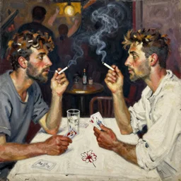 oil painting in the style of john craxton. sailors talking in the shadows of jazz club. crete. cheekbones. looking. strong expressions on faces. smoke. holding cigarettes. playing cards. scratch. strong lighting. brush. single flower. in the style of ivon hitchins. seated figure hands on table. line drawing. high detail.