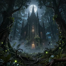 stunning neo-gothic fantasy woodland, cyberpunk color scheme, hyperdetailed twigs and plants, moonlit nightscape, bioluminiscent fireflies, layered fog, moody lighting, photorealistic digital arts, artstation HD, 8K