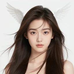 beautiful girl long hair, wind in the hair, detail face, cute face, wings of birds from the head, wallpaper, poster, will murai, wylie beckert, portrait, by gustave dore. back glass painting, carnation, encaustic painting, b - roll, establishing shot, dappled light,
