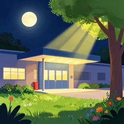 colorful sylvain sarrailh illustration of a dark night view of a tv station building entrance, grass, flowers, a tree, brightly illuminated by rays of moon, wildflowers, artstation