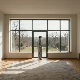 person in pyjamas standing near window, turned back to camera, cinematography, sun rays, daylight, big french door window with walls to the sides, windowsill, big spacious room, carpet at the floor, wide shot, furnished room, anamorphic shot lens, wide view, window at the center, wooden floor, modern, winter sun, photorealistic, high ceiling
