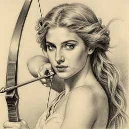 pencil drawing of beautiful greek goddess aphrodite, bow and arrow, beautiful piercing eyes, flowing blonde hair, realistic face, hyper realistic, in the style of greg rutkowski, fantasy, amazing detail, epic, intricate, elegant, smooth, sharp focus