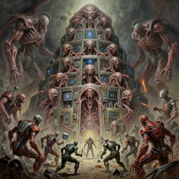 oil paint of 1 1 horrifying machines as mainframe terrifying computers inside flayed gods in tiers, colossal medical gangrene machines in tiers, dethroning / we machines / melee, battle pit, by jack kirby shigeru komatsuzaki, wayne d barlowe, stefano tamburini, ember light, muted colors, epic, hyper detailed, awe inspiring, award winning horror