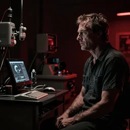 a scene from the movie dead ringers with jeremy irons, dark cinematic lighting, heavy black and red palette and color contrast, medical equipment, movie directed by wes craven