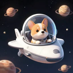 dog with a clear austronaut helmet in a mini spaceship flying through space and exploring new planets, digital art