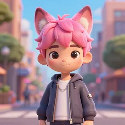 portrait of a cute male boy with pink hair and pink wolf ears and freckles stylish clothes in a city in the style of zootopia, disney, volumetric lighting, subsurface scattering, photorealistic, octane render, random artists