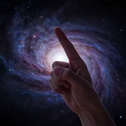 a giant human pointing its finger to the universe, star dust, cosmos