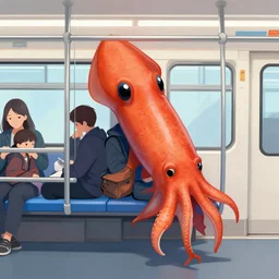 a giant squid commuting to work on a suburban train, sponsored by burger squid king. the squid is drawing a technical diagram of a machine which will enslave humanity.