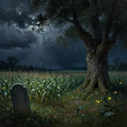 fantasy oil painting, a cornfield with big old stumpy tree on the right side, gravestone on the left side, night, dnd, spooky, stormclouds, fireflies, highly detailed, by jeff easley and larry elmore and tim hildebrandt, 4 k, 5 0 mm, unreal engine