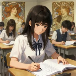 “ anime, full body, a pretty girl taking the college entrance exam, highly intricate detailed, light and shadow effects, intricate, highly detailed, digital painting, art station, concept art, smooth, sharp focus, illustration, advanced digital anime art, art by artgerm and greg rutkowski and alphonse mucha and william - adolphe bouguereau, craig mullins, j. c. leyendecker, atmospheric lighting, detailed face, by makoto shinkai, stanley artgerm lau, wlop, rossdraws ”