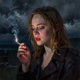 Elle Fanning lighting a cigarette in the world of Adam Wyeth, head and shoulders portrait, stormy weather, extremely detailed masterpiece, oil on canvas, low-key neon lighting, artstation, Blade Runner 2049, Roger Deakin’s cinematography, by J. C. Leyendecker and Peter Paul Rubens and Edward Hopper and Michael Sowa,