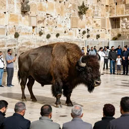 photo of a bison, at the Wailing Wall in Jerusalem, religious people, crowds, 50mm, beautiful photo