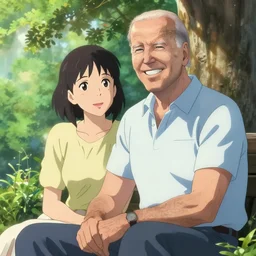 photorealistic Joe Biden meets a beautiful smiling photorealistic bald Walter White sitting under a tree, anime key visual, digital art, anime screenshot, kyoto animation, makoto shinkai, trending on artstation