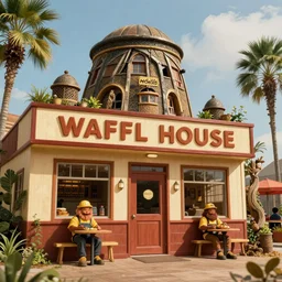 Waffle house in Mordor, long shot, cinematography by Wes Anderson, 4k octane render, intricate detail, photorealistic , cinematic lighting, Artstation
