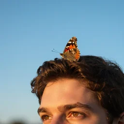 butterfly on the head, blue sky, summer evening, kenton nelson
