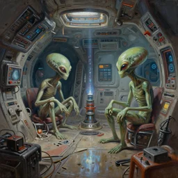 painting of hungry aliens by dinner in dirty broken interior of futuristic spaceship with amount of electromagnetic devices and tools, sharp edges, deep displacement, reflections, raytracing, raymarching, subsurface scattering, digital art, painted by anna nikonova