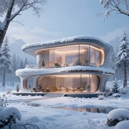 a beautiful futuristic home in thewinter, artstation