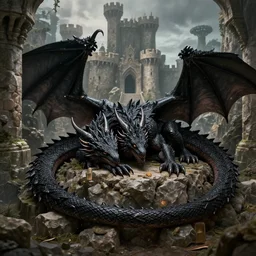 black dragon sleeping in the castle, rpg style, dnd style, ultra detailed, trending on artstation, concept art, octane render, unreal engine,
