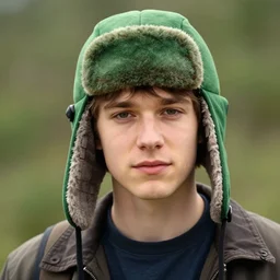 portrait photo still of real life young stan marsh wearing a green trapper hat, 8 k, 8 5 mm, f. 1 4