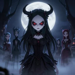full shot of angry darkness cute anime girl at moonlight, gothic wearing, inspired by Tim Burton, Norihiro Yagi, Marc Simonetti, Amano, Juri Misaki, detailed, unreal engine 4k volumetric light, fog,