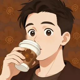 a white young man drinking from a coffee cup, which is a brown flower, big smile, prominent big eyes, wise forehead, big lips, round portruding chin, background full of brown flowers, standout colours, thin sharp lines, digital painting, artstation, matte, sharp focus, illustration, moe artstyle